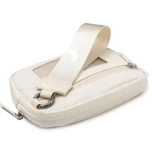Detail view of the white nylon wristlet wallet showing zipper and clear card window.