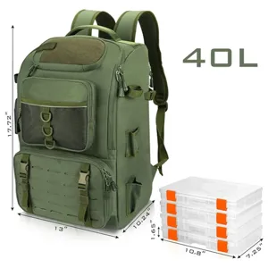 40L tactical fishing backpack with 4 tackle boxes, waterproof outdoor multi-function military rucksack.