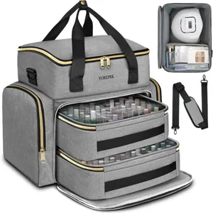 Nail polish storage bag detail with multi-layer drawers, portable handle and adjustable strap.