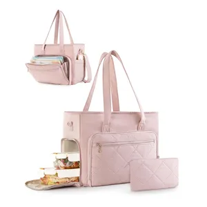 Women's Quilted Polyester Tote Bag Large Capacity Insulated Lunch Bag Waterproof Commuting Shoulder Bag Travel Handbag