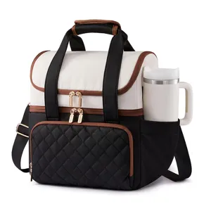 Dual-layer insulated lunch bag with side pocket for cup, featuring black and white design.