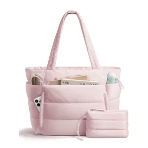 Pink puffy quilted tote bag for women with multi-compartments and matching pouch for daily use.