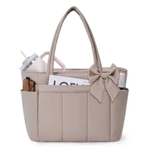 Stylish women lightweight tote bag with cute bow, casual shoulder handbag with multiple pockets.