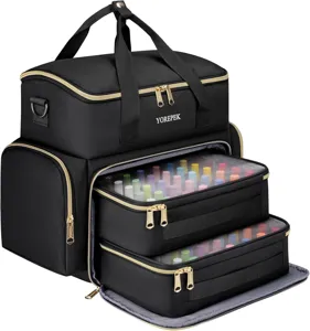 Detail view of the black multi-layer nail polish organizer bag with clear compartments.