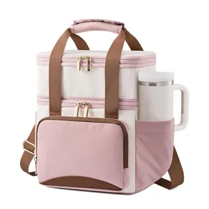 Borsa termica a doppio scomparto, grande borsa pranzo con cinghie marroni per picnic.