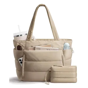 Large capacity puffer tote bag with multi-compartment quilted casual shoulder travel bag.