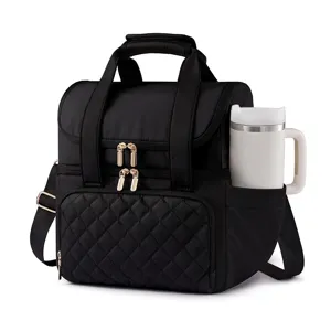 Black double layer insulated lunch bag with quilted front pocket and shoulder strap