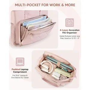 Pink quilted women's work tote bag with 4-layer file organizer and laptop compartment.