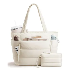 Large capacity puffer tote bag with multiple pockets, casual quilted shoulder bag for women.
