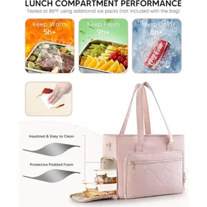 Detailed view of the pink quilted insulated lunch bag highlighting thermal performance and features.