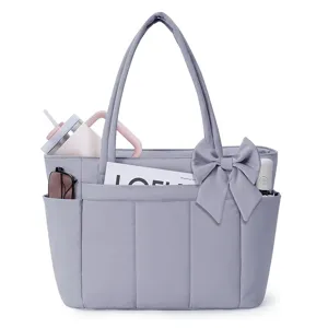 Lightweight grey women tote shoulder bag with cute bow design and practical multi pockets.