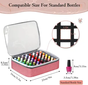 Detail view of large nail polish storage bag with size dimensions and standard bottle fit guide.