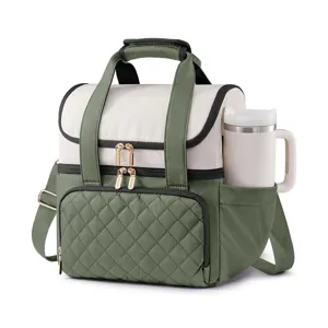 Double layer insulated lunch bag for women, stylish green cooler bag with shoulder strap.