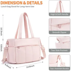 Sac à déjeuner isotherme avec sangle réglable, design matelassé rose, dimensions et détails.