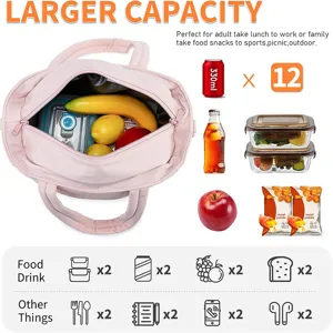 Sac à déjeuner isotherme rose grande capacité, cabas léger et bouffant pour le travail.
