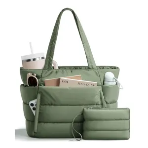 Puffy quilted tote bag with multi compartments, large capacity travel work handbag for women.