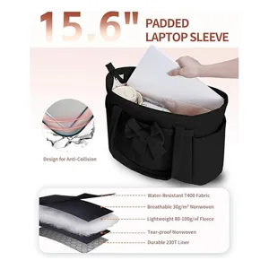 Black 15.6 inch padded laptop tote bag with bow detail, multi-compartment work bag, detail view