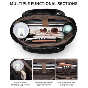 Large capacity women tote bag with multiple compartments, quilted puffer travel work laptop handbag.