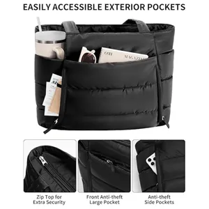Details of black quilted tote bag showing exterior pockets, zip top and anti-theft design.