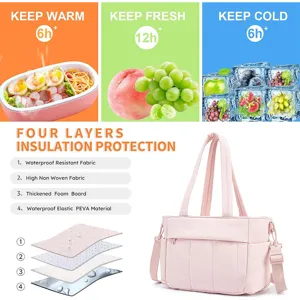 Sac à lunch isotherme rose avec bandoulière réglable, tote bag de refroidissement 4 couches.