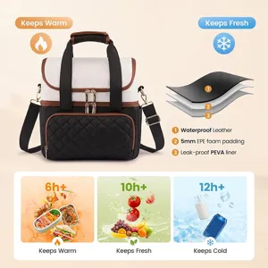 Double layer insulated lunch bag with waterproof leather, foam padding, adjustable strap.