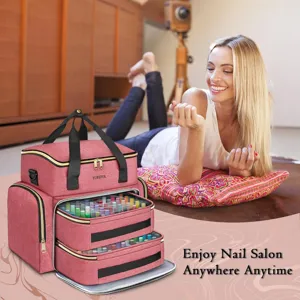 Large capacity nail polish organizer bag, portable travel nail art tool storage case in pink.