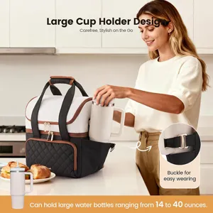 Insulated lunch bag for women, double layer cooler tote box with large side cup holder and strap.