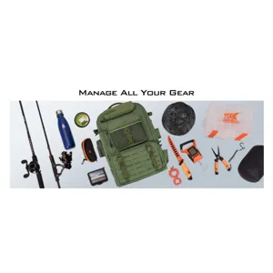 Multifunctional tactical fishing backpack with large capacity and organized gear layout.