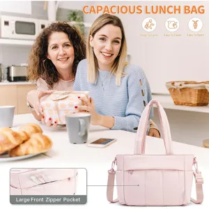 Vue détaillée montrant la poche zippée avant et la scène lifestyle du sac à lunch rose.