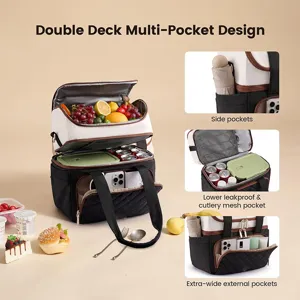 Double deck insulated lunch bag with multi pockets and leakproof design for daily use.