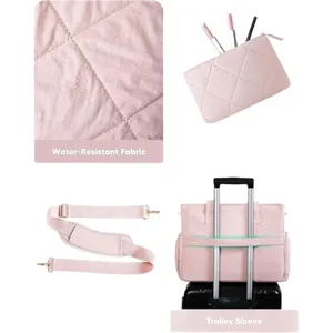 Pink quilted travel tote bag with water-resistant fabric, cosmetic pouch, and trolley sleeve.