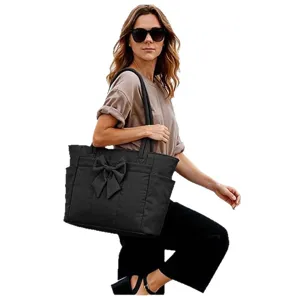 Women black nylon tote bag with cute bow, stylish lightweight shoulder bag for work and daily use.