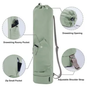 Vue détaillée du sac de tapis de yoga, cordon de serrage, poche spacieuse, sangle réglable.