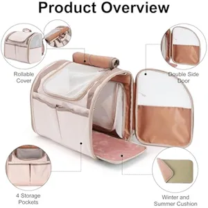 Expandable pet cat carrier backpack detail showing mesh, pockets and dual cushion for travel.