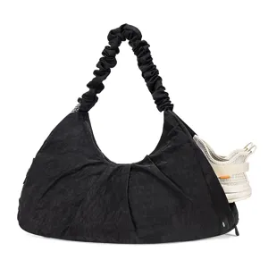 Black nylon hobo gym bag with shoe compartment casual athletic shoulder handbag for daily workouts.