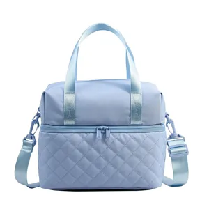 Light blue insulated lunch bag for women, waterproof thermal cooler handbag with shoulder strap.