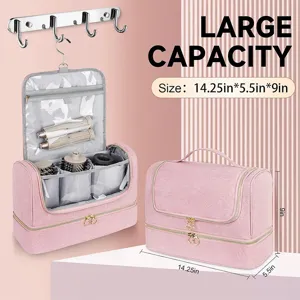 Hanging hair dryer storage bag detail, pink travel organizer with multi compartments.