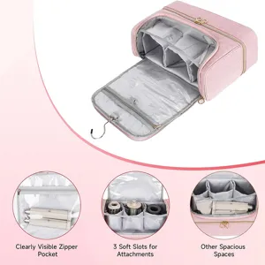 Portable travel hanging hair dryer storage bag with multiple compartments and clear pockets.