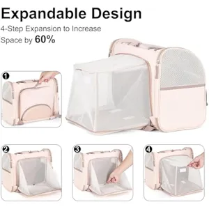 Expandable cat backpack with 4-step expansion design, breathable mesh for pet travel hiking.