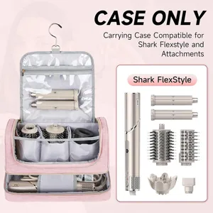 Portable hanging travel storage bag designed for hair styling tools and attachments.