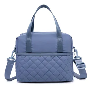 Detailed view of blue insulated lunch bag for women, quilted nylon crossbody tote.