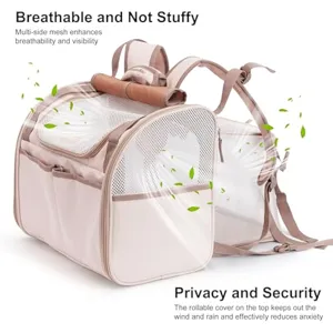 Expandable pet backpack detail showing breathable mesh windows and functional pockets.