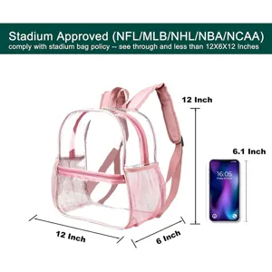 Διαφανές mini σακίδιο PVC με ροζ τελείωμα, σχεδιασμός εγκεκριμένος για γήπεδα.