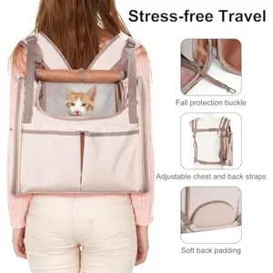 Pet carrier backpack for cats dogs, adjustable chest straps, breathable mesh window beige