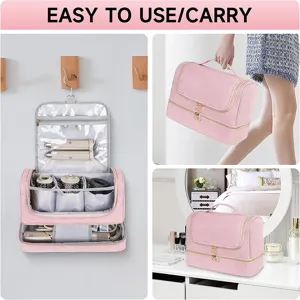 Portable hanging hairdryer storage bag, double layer travel cosmetic organizer for women.