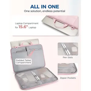 Bolso acolchado rosa para portátil de 15,6 pulgadas con asa, compartimento y bolsillos.