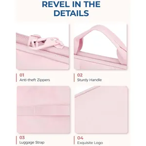 Imagen de detalle de funda para portátil rosa con cremalleras antirrobo y asa resistente.