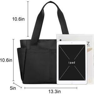 Black nylon tote bag with shoulder straps, large capacity travel handbag and daily shoulder bag.
