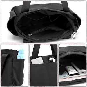 Detailed view of black nylon tote bag interior compartments, side pockets and large storage capacity.