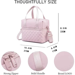 Pink insulated lunch bag with strap, 10.6x6.6x8.5 inch compact portable cooler bag.